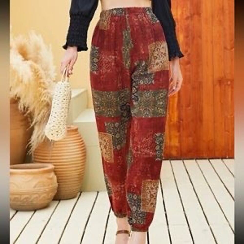 5/$35 SHEIN Womens Pants Sz M Boho Jogger Style Rust Gold Olive Multi